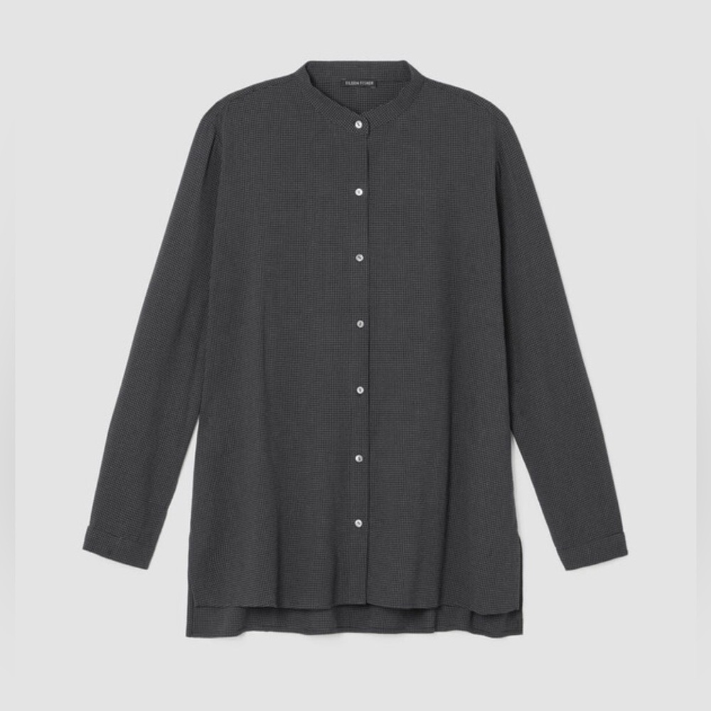 EILEEN FISHER Mini Check Crepe Mandarin Collar Top Shirt Women’s Medium